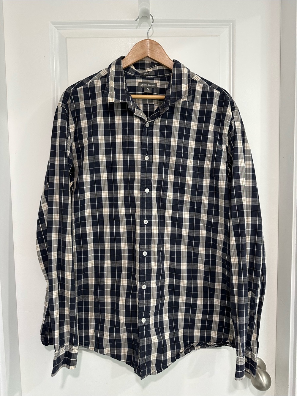 Eddie Bauer Tall 100% Cotton Classic Fit Navy White Plaid Button-Down Shirt XLT